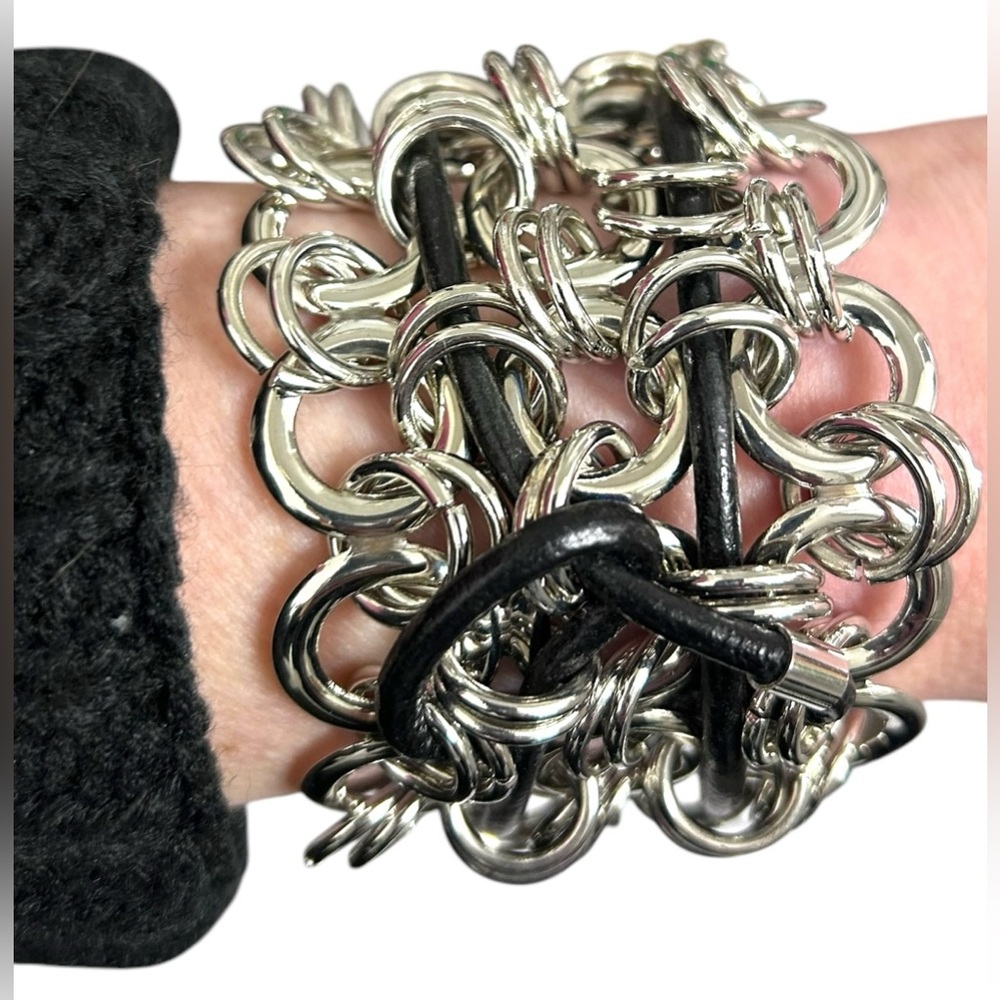 URBAN OUTFITTERS Silver Hoops w/Entwined Black Leather Adjustable Cuff Bracelet